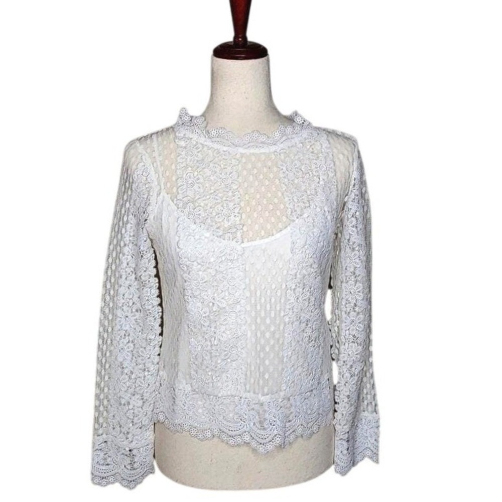 MAJE "Evan" White Lace Mock Neck Long Sleeve Blouse Size Small